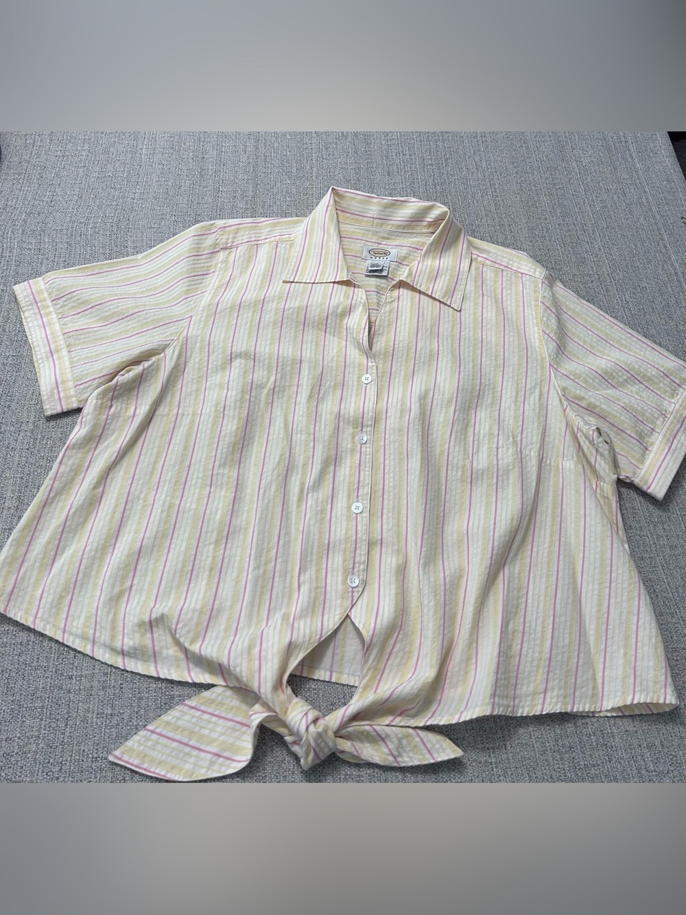 Talbots Yellow and Orange Striped Button-Up Shirt w Tie Bottom 100# Cotton SZ XL